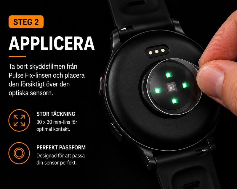 Kort alt-text: Applicering av Pulse Fix-lins på optisk pulssensor på en smartwatch för tatuerad handled.